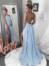 Backless Halter Sexy A Line Satin Prom Dresses with Slit LBQ3919